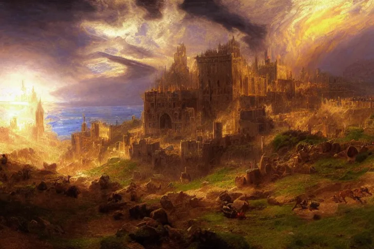 Image similar to a detailed matte landscape painting of king richard the lionhearted as a shonen anime protagonist attacking jerusalem, 8 k, volumetric lighting, in the style of disney, art by albert bierstadt and thomas moran