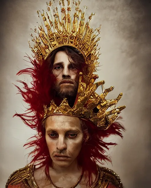 Image similar to 'Portrait of Crowned King Arthur' by Lee Jeffries royally decorated, whirling plasma, atmospheric motes, red and gold Sumptuous garb, gilt silk fabric, radiant colors, fantasy, perfect lighting, studio lit, micro details,