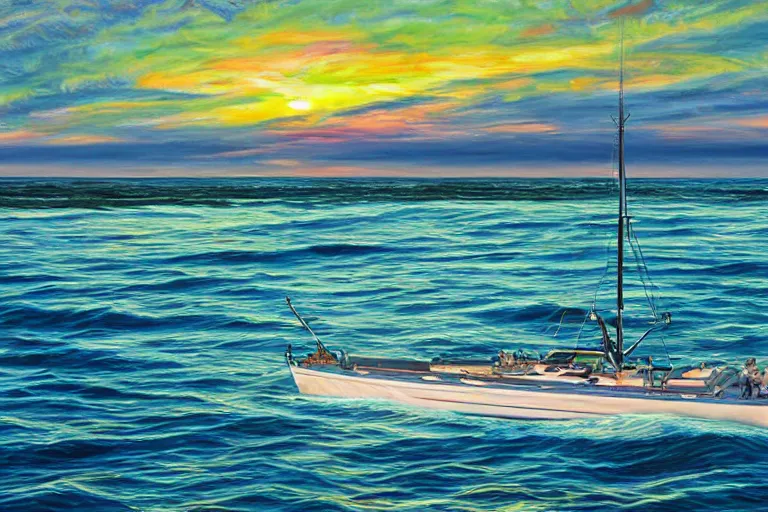 Prompt: A painting of a Sport fishing yacht with tuna tower at sunrise trolling along a well defined weed line, inspired by Guy Harvey, digital art, insanely detailed, hyper detailed photorealistic, ambient lighting, award winning, stunning