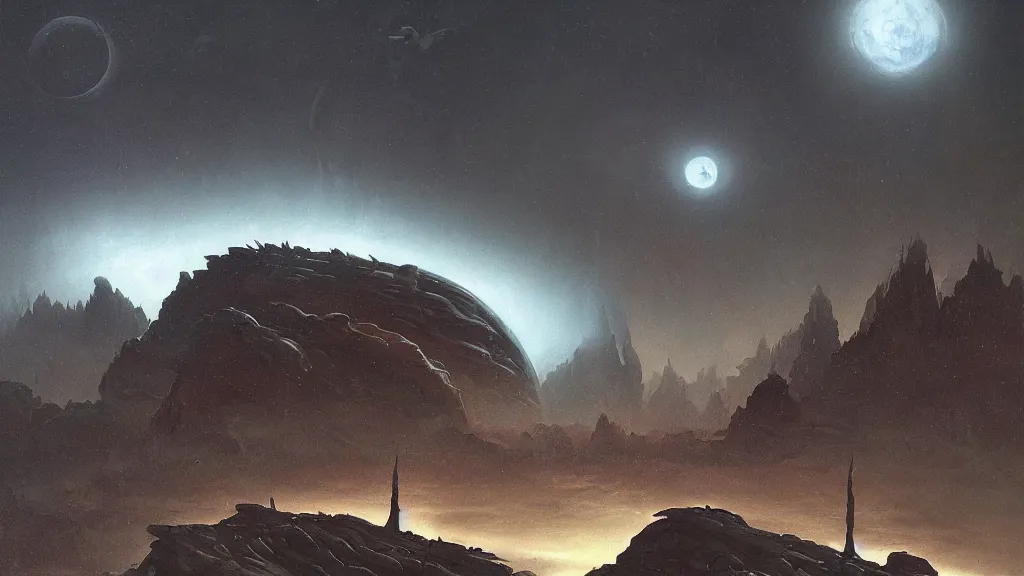 Image similar to eerie atmospheric alien planet by les edwards and vincent di fate and anato finnstark, epic cinematic matte painting