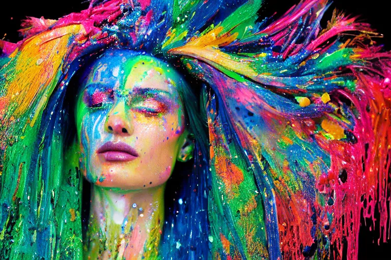 Image similar to a highly detailed cinematic headshot portrait photograph of a woman with a liquid paint headdress, with rainbow paint splash, melting smoothly into other faces, liquid, ultra realistic, beautiful rim lighting, by richard avedon and annie leibovitz and arnold newman, photorealistic, hyperrealistic, octane, high speed camera, zeiss lens, sharp focus, paint splash