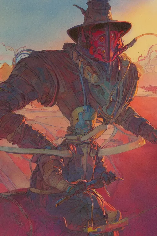 Prompt: wide angle on fantasy lama rider with hood or hat, scifi, art by moebius, in watercolor gouache detailed paintings, in style of syd mead, colorful comics style, artstation