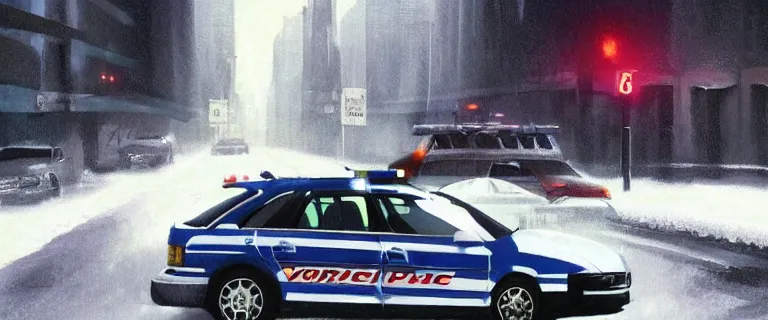 Image similar to NYPD cop cars chasing a Audi A4 B6 Avant (2002), a gritty neo-noir, dramatic lighting, cinematic, establishing shot, extremely high detail, photorealistic, cinematic lighting, artstation, by simon stalenhag, Max Payne (PC) (2001) winter new york, eldritch horror, police car chase