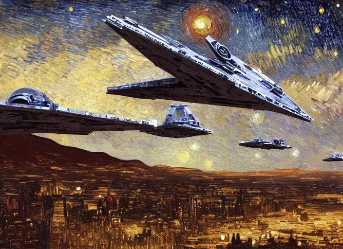 Prompt: a singular spaceship with delta wings taking off seen from the surface of a metropolis city, star wars, digital art, trending on art station, in the art style of vincent van gogh starry night