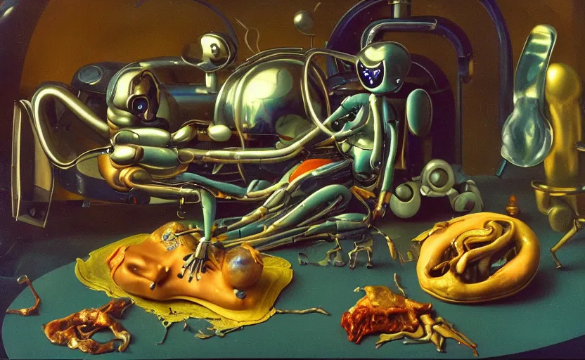 Image similar to strange seductive futuristic robot body, enticing colorful oil painting dutch golden age vanitas still life sparse composition with bulbous objects strange gooey transparent surfaces shiny metal reflections bizarre mutant meat insects rachel ruysch dali todd schorr very detailed perfect composition rule of thirds masterpiece canon 5 0 mm, cinematic lighting, photography, retro, film, kodachrome