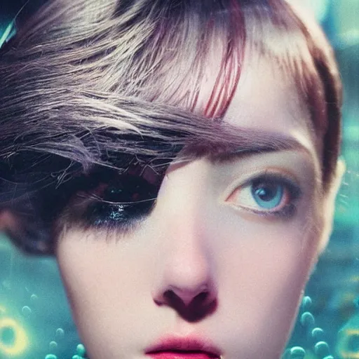 Image similar to beautiful extreme closeup portrait photo in style of 1990s frontiers in retrofuturism deep diving helmet seinen manga fashion blade runner edition, highly detailed, focus on pursed lips, eye contact, soft lighting