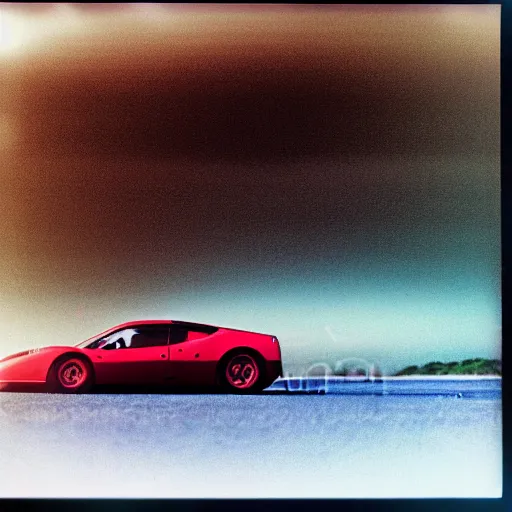 Image similar to “A wide shot of a Ferrari at the beach, dreamcore aesthetic, taken with a Pentax K1000, Expired Burned Film from 1930s, Softbox Lighting, 85mm Lens”