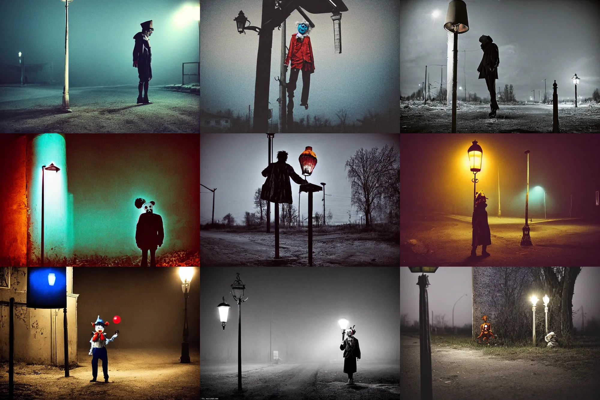 Image similar to a thin scary clown in torn clothes stands under a lamppost that shines a blue light on the clown, pitch darkness around the post, everything happens at night in an old Soviet village, the photo was taken from afar, Colourful, Cinematic, filmic, 35mm, dark atmosphere, horror, scary, Wildlife photography