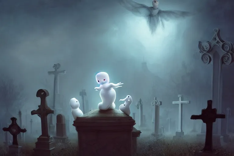 Image similar to casper the friendly ghost flying over a graveyard at midnight, playing with his weird looking ghost friends, cinestill, painted by james jean and gaston bussiere, very detailed and cute and cozy and transparent, backlight, fog, mist, trending on artstation