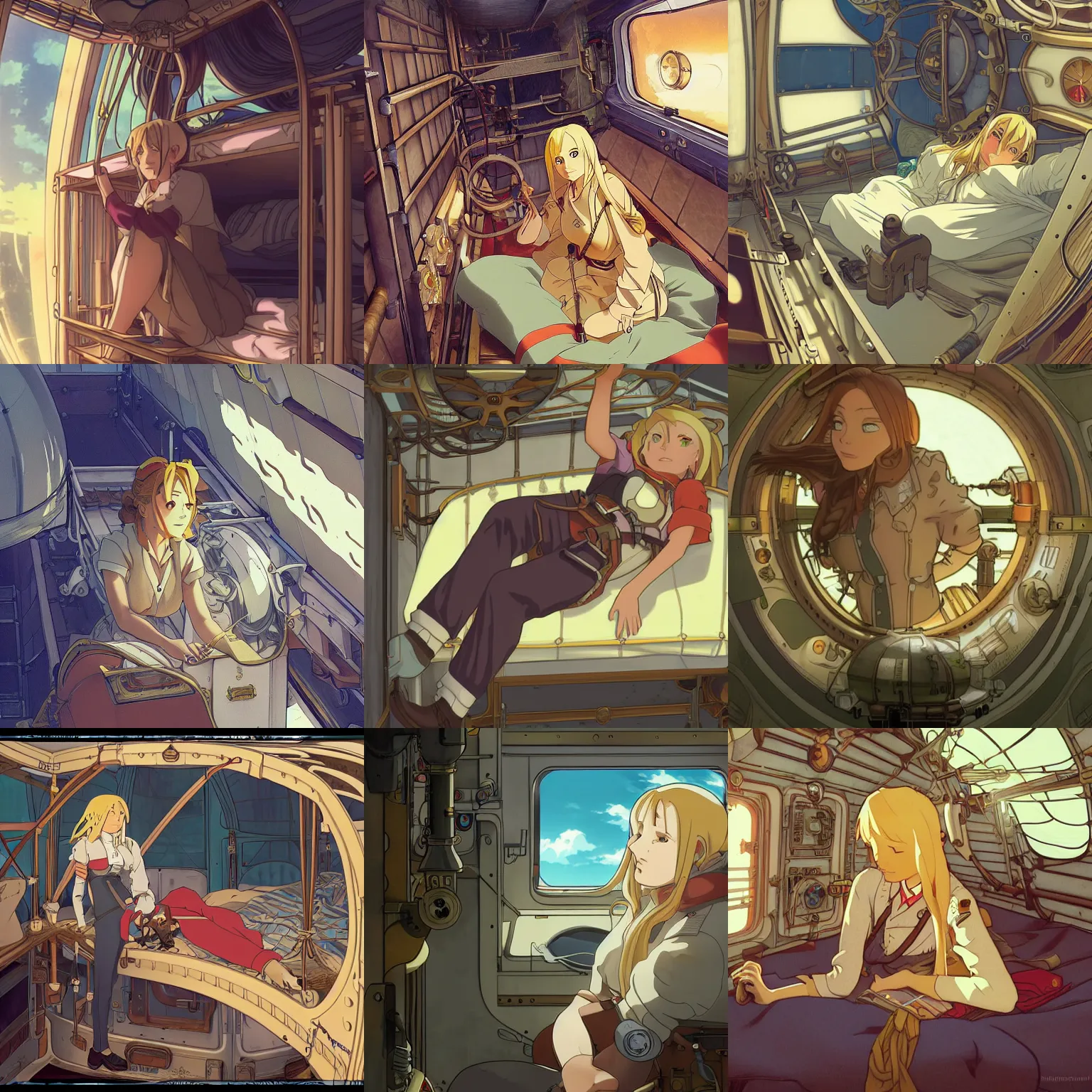 Prompt: Portrait of a blonde female airship mechanic waking up in her cramped bunk, steampunk, highly detailed, illustration, anime screenshot, by Makoto Shinkai and Studio Ghibli, Alphonse Mucha