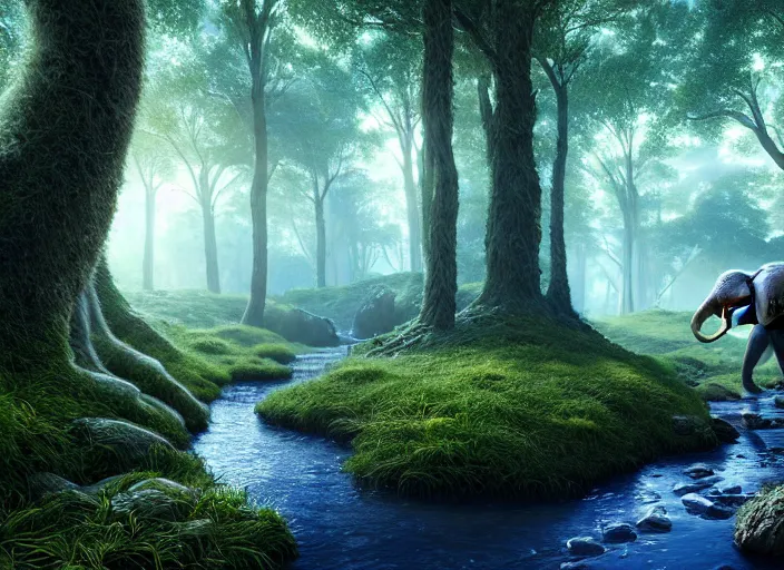 Image similar to hyperrealism, detailed textures, photorealistic, 3 d render, a surreal mystical forest with a bright blue winding creek with a herd of wooly mammoths grazing, ultra realistic cinematic, intricate, cinematic light, concept art, illustration, art station, unreal engine