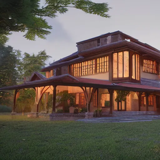 Prompt: Peaceful wooden mansion, unreal engine 5 tech demo, zillow interior, golden hour, living room, cozy, octane render, Frank Lloyd Wright ((Studio Ghibli))