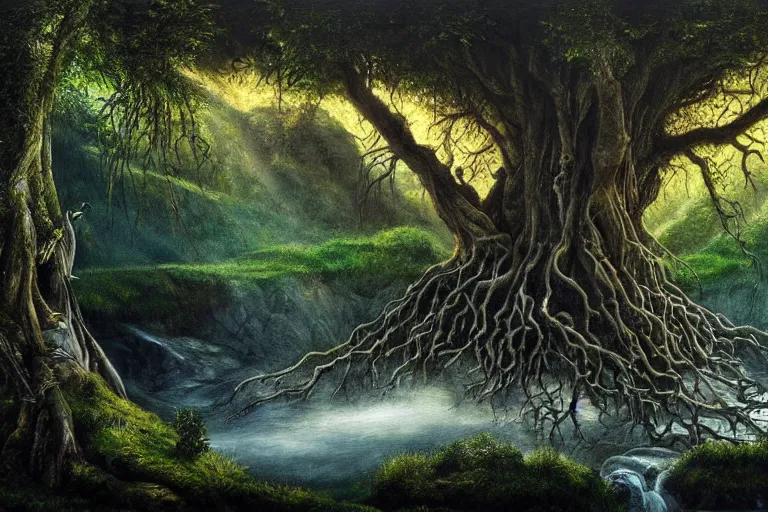 Image similar to masterpiece painting of lord of the rings tree of life on a hillside overlooking a creek, dramatic lighting, hyperrealism concept art of highly detailed by andreas franke