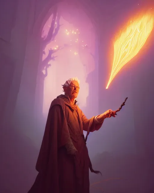 Image similar to highly detailed vfx portrait of an old mage casting a light spell, unreal engine, greg rutkowski, loish, rhads, beeple, makoto shinkai and lois van baarle, ilya kuvshinov, rossdraws, tom bagshaw, alphonse mucha, global illumination, detailed and intricate environment