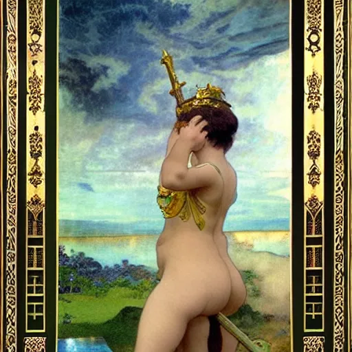 Image similar to Demon girl riding the horse at the palace, refracted sparkles, thunderstorm, greek pool, beach and Tropical vegetation on the background major arcana sky, by paul delaroche, alphonse mucha and arnold böcklin, hyperrealistic 8k, award-winning, very very very detailed