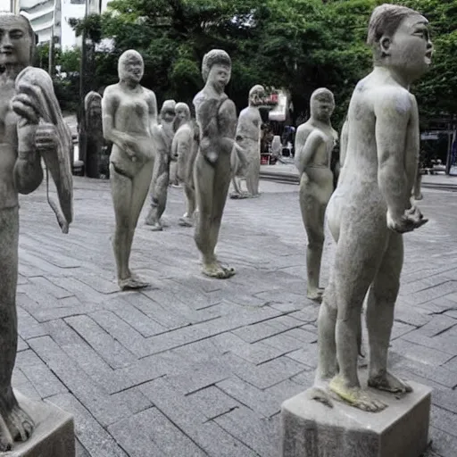 Image similar to everyone on the streets of japan suddenly turned into stone statues, the situation was eerie and silent