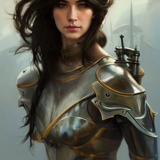 Image similar to a portrait of an attractive young woman, clothed in battle armor, olive skin, long dark hair, beautiful bone structure, symmetrical facial features, intricate, elegant, highly detailed, digital painting, trending on Artstation, concept art, smooth, sharp focus, illustration, by artgerm and greg rutkowski and alphonse mucha