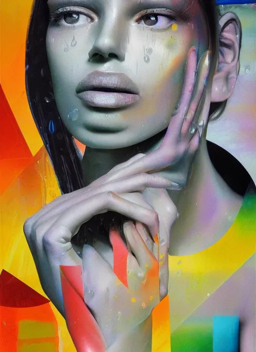 Image similar to futuristic lasers tracing, colorsmoke, fullbodysuit, pyramid hoodvisor, raindrops, wet, oiled, beautiful cyborg girl, by steven meisel, kaws, rolf armstrong, mondrian, kandinsky, perfect geometry abstract acrylic, octane hyperrealism photorealistic airbrush collage painting, monochrome, fluorescent colors, minimalist rule of thirds, eighties eros