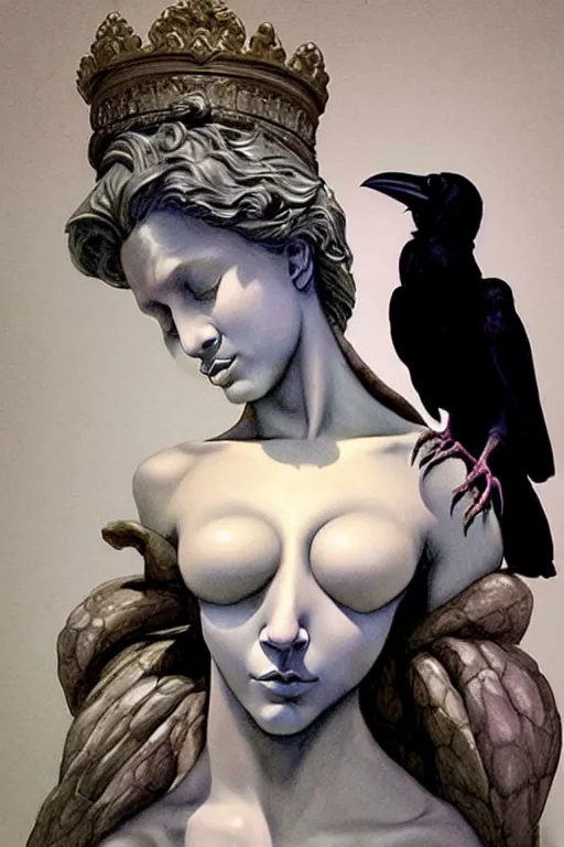 Prompt: raven perched on the shoulder of a realistic marble bust of a beautiful woman on a pedestal, by wayne barlowe, peter mohrbacher, kelly mckernan, james o barr