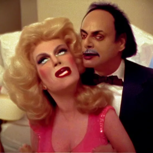 Prompt: bored housewife meets a man with an inflatable cartoon face in a seedy motel room, 1982 color Fellini film, archival footage, technicolor film, 16mm, live action, John Waters, wacky children's tv comedy