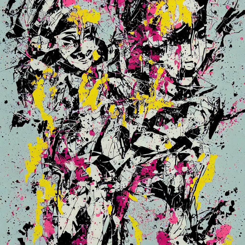 Image similar to girl figure, abstract, jet set radio artwork, ryuta ueda artwork, cryptic, rips, spots, asymmetry, stipple, lines, glitches, color tearing, pitch bending, stripes, dark, ominous, eerie, hearts, minimal, points, otomo katsuhiro artwork, technical, natsumi mukai artwrok, folds