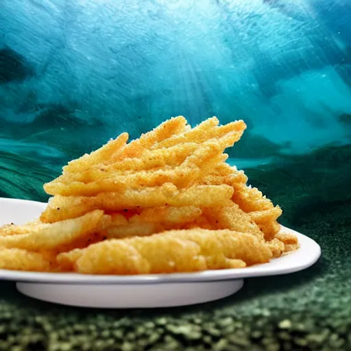 Prompt: underwater photo of breaded scampi and chips on the seafloor zenith view,