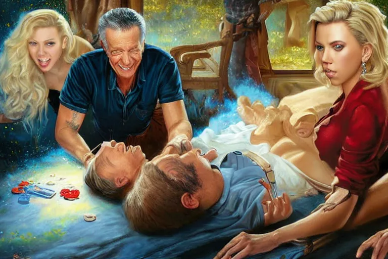 Image similar to portrait of bob barker playing twister with scarlett johansson, an oil painting by ross tran and thomas kincade