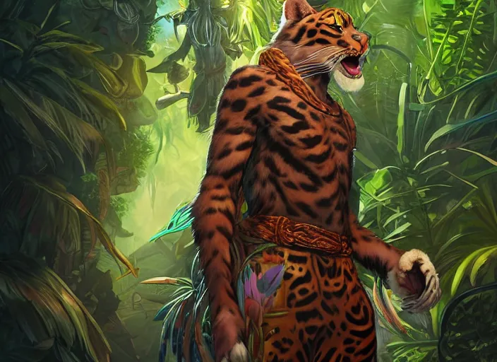 Prompt: character portrait feature of the anthro male anthropomorphic jungle cat jaguar fursona animal person wearing shaman outfit robes belt in the amazon rainforest, character design stylized by charlie bowater, ross tran, artgerm, makoto shinkai, detailed, soft lighting, rendered in octane