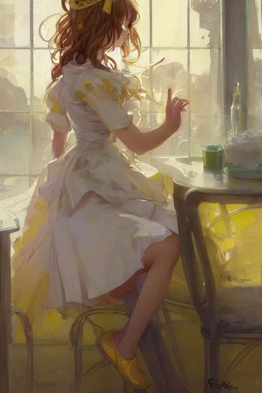 Prompt: A girl in a maid's outfit in a cafe a afternoon, wavy hair yellow theme,S line,45 angel by krenz cushart and mucha and slop and greg rutkowski