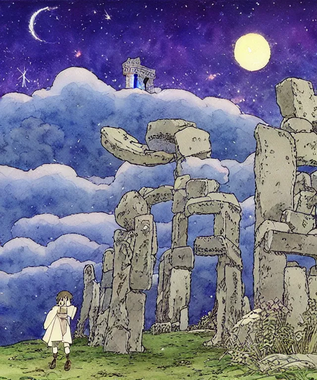 Image similar to a hyperrealist studio ghibli watercolor fantasy concept art. in the foreground is a giant grey octopus building and putting stones in to place on top of stonehenge with shooting stars all over the sky in the background. by rebecca guay, michael kaluta, charles vess