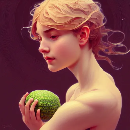 Image similar to Portrait of a girl with a melon, face, casual, intricate, elegant, highly detailed, digital painting, artstation, concept art, smooth, sharp focus, illustration, art by Sam Youn and Fernanda Suarez and Artem Demura and alphonse mucha