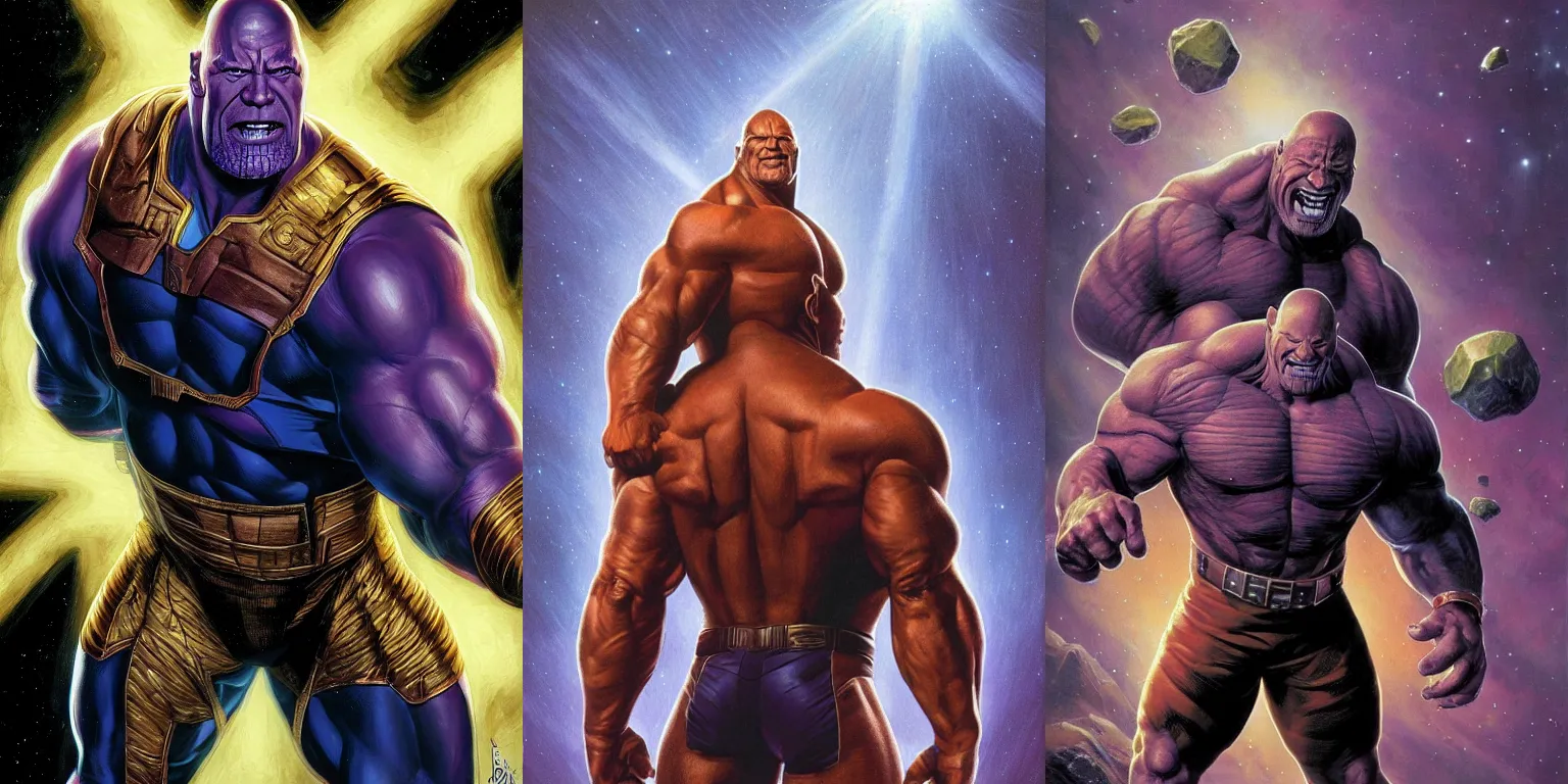 Prompt: Dwayne Johnson as Thanos the biggest man in the universe by Greg Hildebrandt