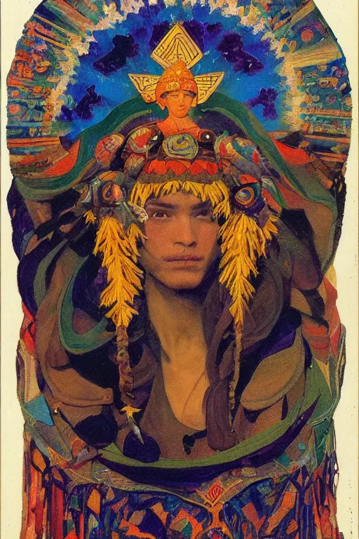 Image similar to prince of dawn with stars in his hair, by Annie Swynnerton, and Nicholas Roerich and Tino Rodriguez and Diego Rivera , elaborate headdress and embroidered velvet, iridescent beetles, rich color, dramatic cinematic lighting, extremely detailed