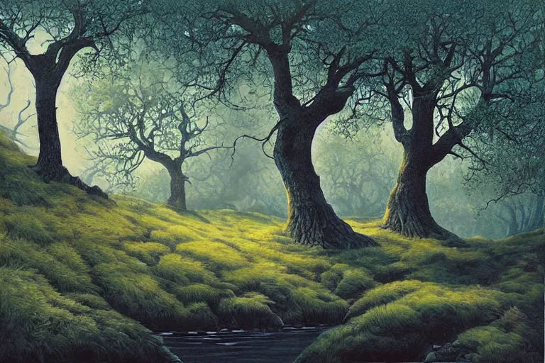 Image similar to masterpiece painting of oak trees on a hillside overlooking a creek, dramatic lighting, by daniel merriam