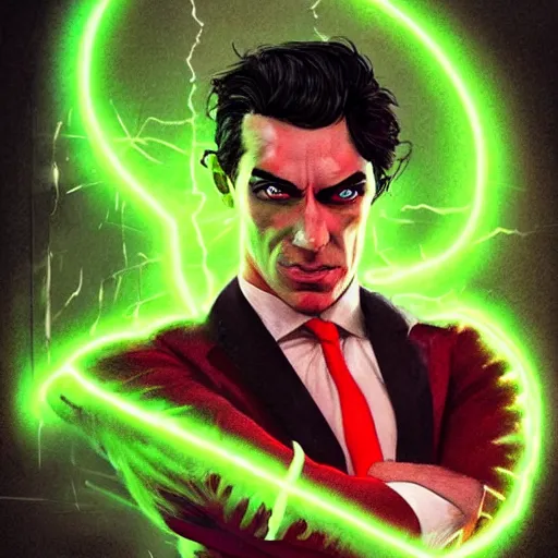 Prompt: portrait of a confident skinny dark haired man with a scar on his face wearing a red suit as an evil crime boss, high detail, concept art, neon color, vivid color, floating particles, glowing green eyes, background by john harris + roger dean, artwork by charlie bowater + artgerm