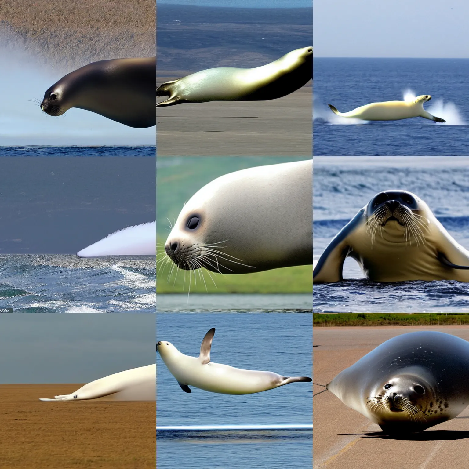 Prompt: a giant aerodynamic seal breaking the sound barrier with a massive toot