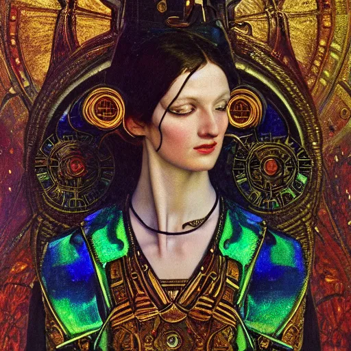 Image similar to renaissance portrait of an iridescent art deco machine priestess, reflective detailed textures, highly detailed fantasy science fiction painting by moebius, norman rockwell and william holman hunt. modern industrial shaman, rich colors, high contrast. artstation