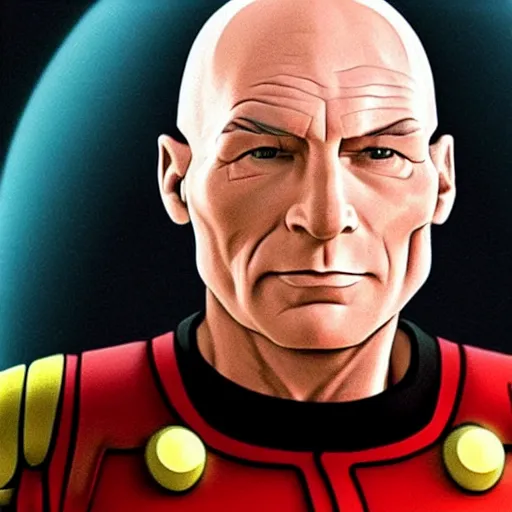 Image similar to captain picard with long hair on his head, hyperrealistic, dynamic lighting