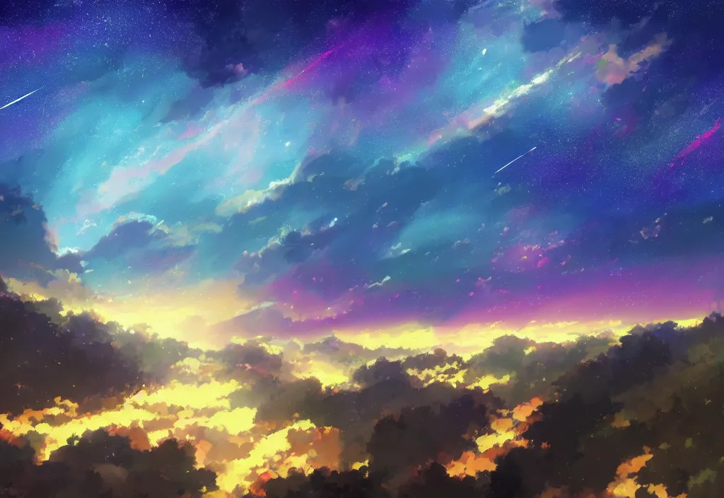 Image similar to breathtaking digital painting of the sky of kimi no na wa, by celestialfang, ghibli, pastel colors and shooting star in northern light love, lovers under skies