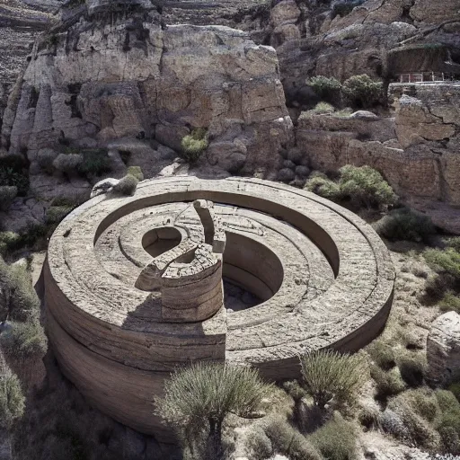 Prompt: a gigantic paleolothic torus made of stone with highly detailed carvings of intricate shamanic robotic electronics and circuitry, in a mediterranean lanscape, inside a valley overlooking the sea, in the style of michael karcz