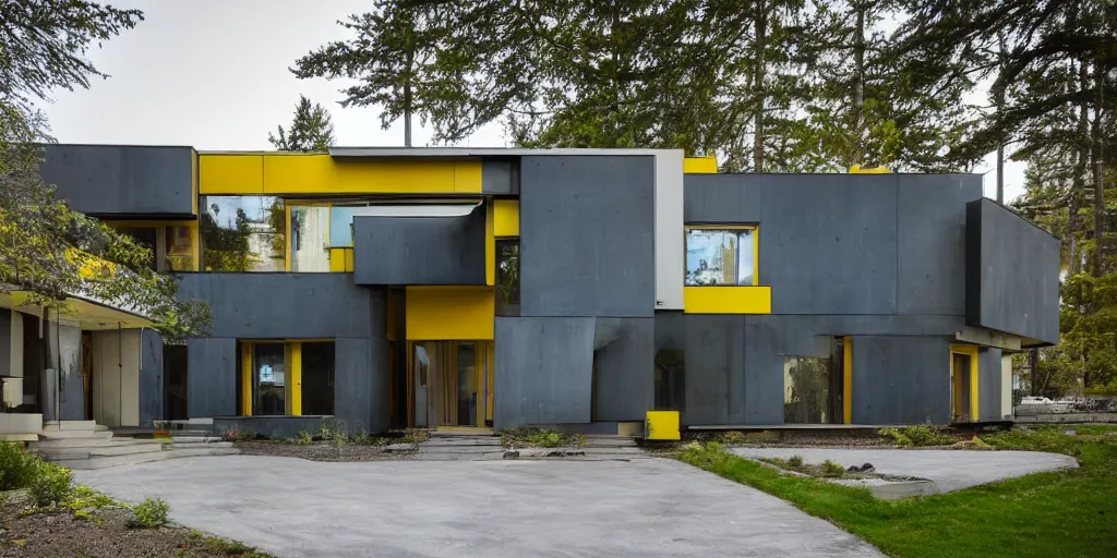 Prompt: large futuristic residence, gray and brown concrete, blue and yellow metal, many large green windows, cascadian, cuboid elements
