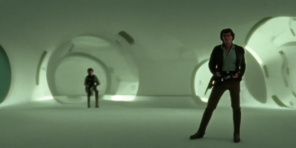 Image similar to screenshot of portrait Han Solo standing in an surreal light green 70s round minimalist architecture, on a planet of maelstrom, chaos, the world without form and void, 1970s film by Stanley Kubrick, iconic scene, HR Geiger design, stunning cinematography, octane render, hyper-detailed, sharp, anamorphic lenses, kodak color, 4k, stunning