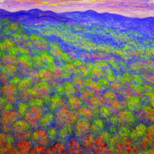 Image similar to asheville skyline from beaucatcher mountain, in the style of claude monet, watercolor, beautiful, scenic, award winning, 4 k, hd