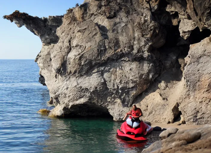 Image similar to angry fat lifeguard with a beard on jet ski yelling at people on the rocks at the thousand steps sea cave in laguna beach 2 0 1 3 summer