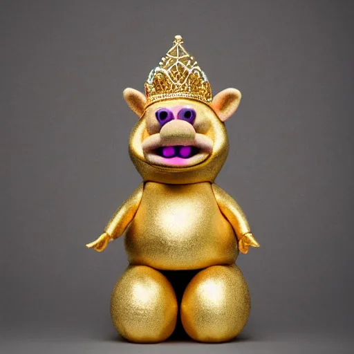 Image similar to studio photograph of a happy pig wearing a gold crown depicted as a muppet standing full body