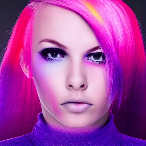 Image similar to a award winning action upper body portrait of a beautiful woman with a ombre purple pink hairstyle with head in motion and hair flying, choker, outrun, vaporware, vivid colors, highly detailed, fine detail, intricate