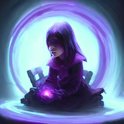 Prompt: young creepy girl sitting inside circle of dark !purple fire!, painted by raymond swanland, little nightmares, detailed,