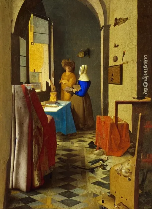 Image similar to bookchelf with curiosities, medieval painting by jan van eyck, johannes vermeer, florence