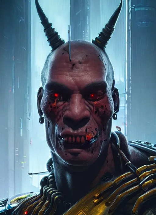 Image similar to portrait of an warhammer Orc as a character in Cyberpunk 2077, looking at camera, intricate, elegant, sci-fi, extremely detailed, digital painting, artstation, concept art, smooth, sharp focus, illustration, ambient lighting, incredible art by artgerm and greg rutkowski and alphonse mucha and simon stalenhag