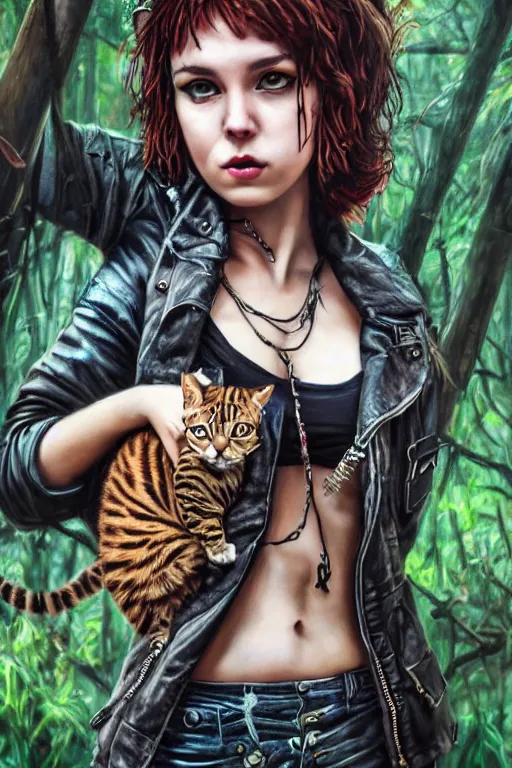 Image similar to cute punk rock girls making selfie in jungles with cats, mad max jacket, renaissance, cables on her body, hyper realistic style, oil painting, highly detailed, 4K, fantasy by Olga Fedorova